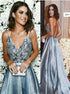 A Line Blue Spaghetti Straps  Backless Prom Dress with Beading Appliques LBQ2963